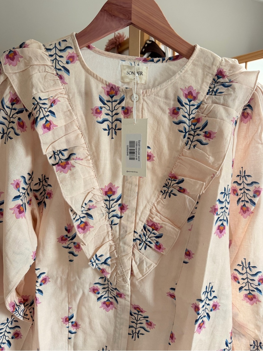 NWT Sonmer Sarah Blouse Sand Floral Print Ruffle Long Sleeve Cotton Blend - Picture 2 of 10